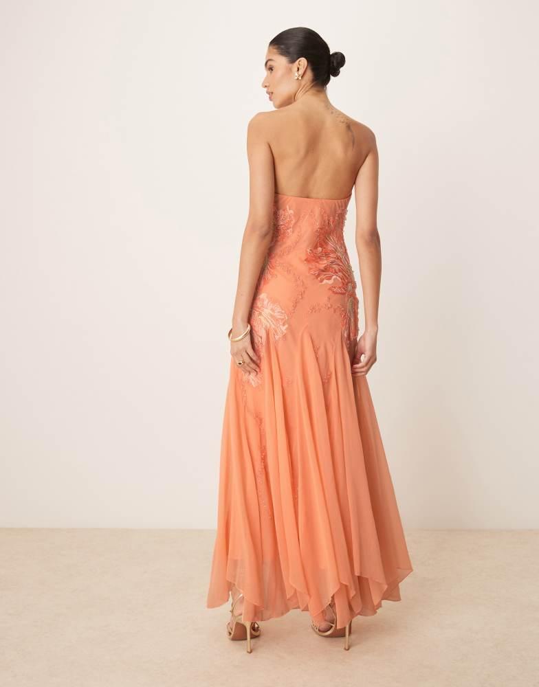 asos design bandeau floral embellished maxi dress in apricot Sold out everywhere but we have it here! The ASOS DESIGN bandeau floral embellished maxi dress in apricot | $85 to rent