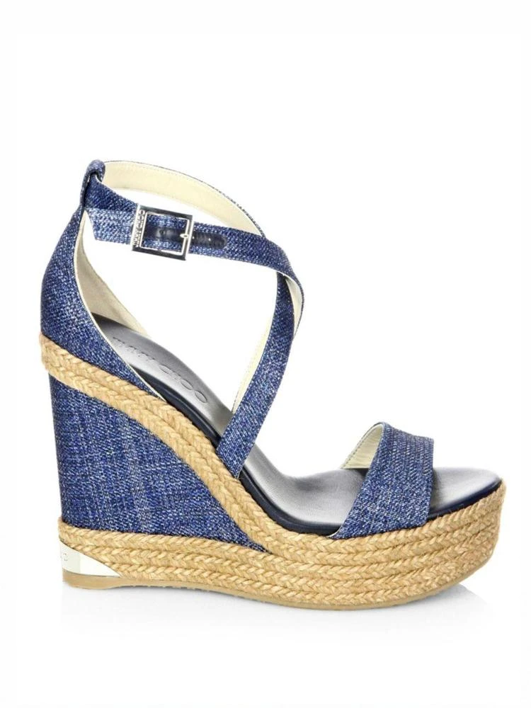 商品Jimmy Choo|Portia 120 DFW Metallic Denim Espadrille Wedge Sandals,价格¥1649,第5张图片详细描述