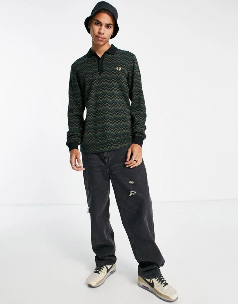 商品Fred Perry|Fred Perry jacquard stripe long sleeve polo shirt in green,价格¥545,第3张图片详细描述