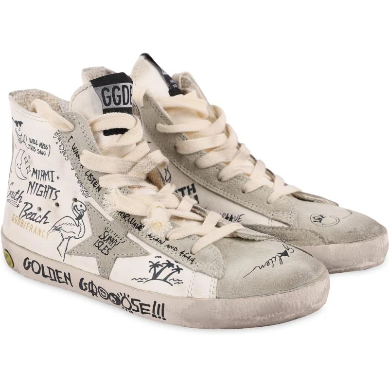 商品Golden Goose|High top distressed logo sneakers with stars applique in white,价格¥1756,第1张图片