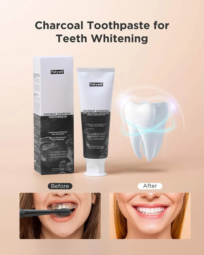 商品Fairywill|Fairywill Activated Charcoal Toothpaste Teeth Whitening, Coconut Charcoal Natural Toothpaste, Refreshing Mint Flavor - Fluoride Free and SLS Free Toothpaste 3.2 oz, 3 Pack,价格¥84,第2张图片详细描述