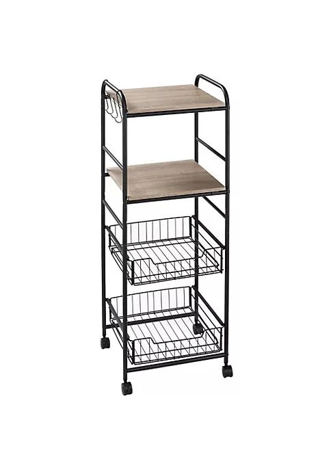 商品HOMCOM|16 4 Tier Rolling Kitchen Cart Utility Storage Trolley With 2 Basket Drawers Side Hooks For Dining Room And Kitchen Oak,价格¥379,第1张图片