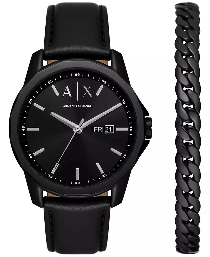 商品Armani Exchange|Men's Three-Hand Day-Date Quartz Black Leather Watch 44mm and Black Stainless Steel Bracelet Set,价格¥1423,第1张图片