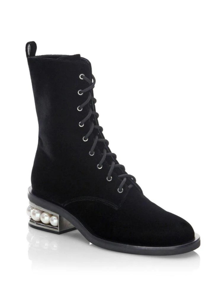 商品Nicholas Kirkwood|Casati Pearly-Heel Velvet Combat Boots,价格¥4046,第1张图片