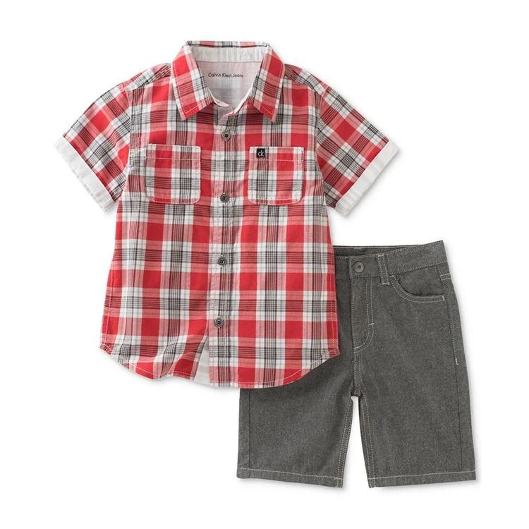 商品Calvin Klein|2-Pc. Cotton Plaid Shirt & Shorts Set, Baby Boys (0-24 months),价格¥110,第2张图片详细描述