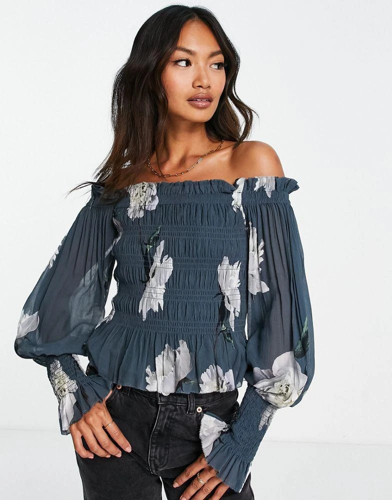 商品ALL SAINTS|AllSaints Lara Cordelia off shoulder top in smoke grey floral,价格¥750,第1张图片