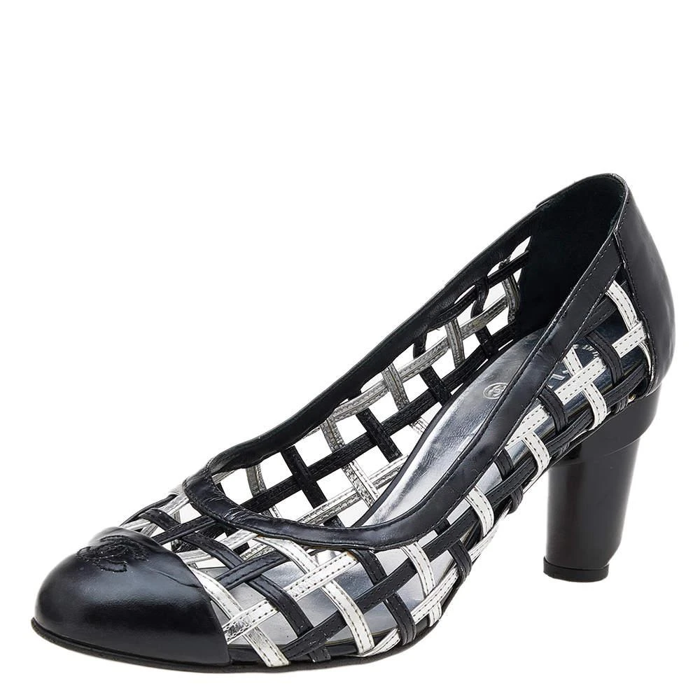 商品[二手商品] Chanel|Chanel Black/Silver Woven Leather Block Heel Pumps Size 38.5,价格¥3215,第1张图片