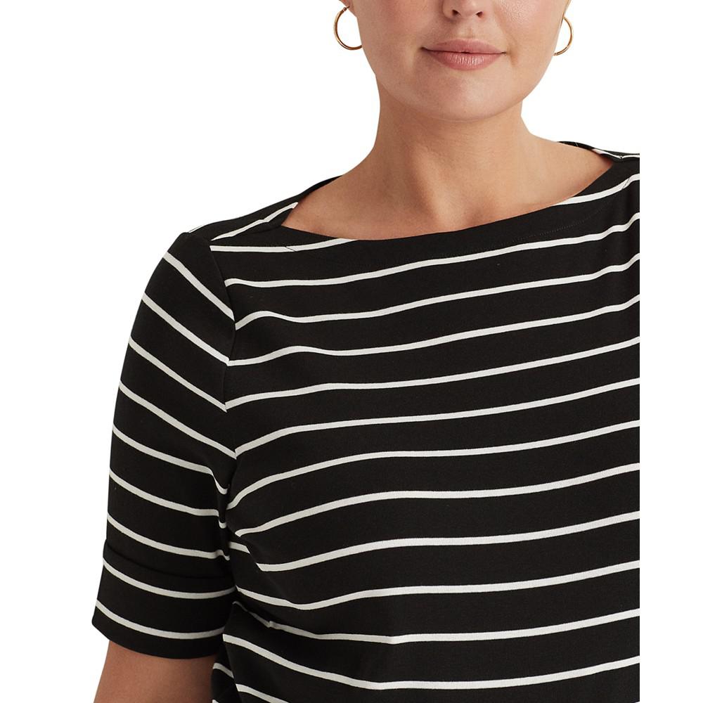 Plus Size Striped Cotton Boatneck T-Shirt商品第3张图片规格展示