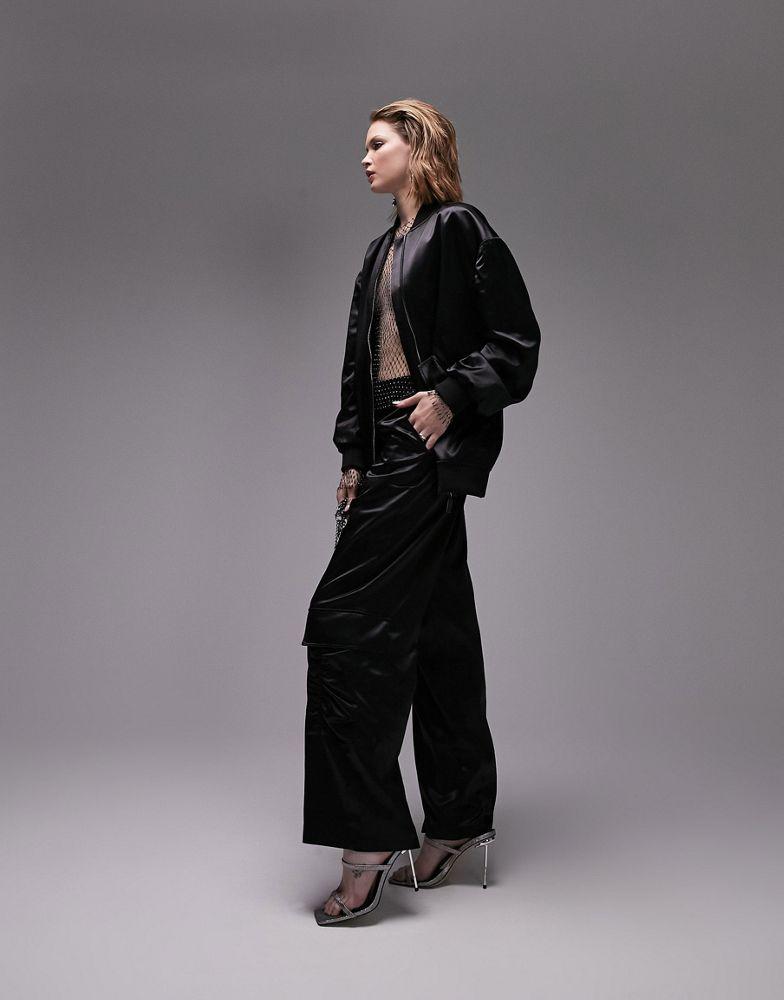 Topshop Tailored satin utility trouser in black商品第4张图片规格展示