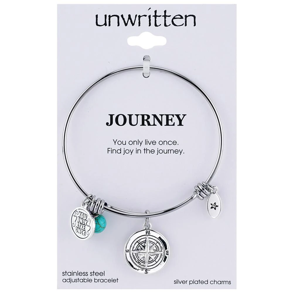 商品Unwritten|Journey Compass Charm and Manufactured Turquoise (8mm) Adjustable Bangle Bracelet in Stainless Steel with Silver Plated Charms,价格¥104,第2张图片详细描述