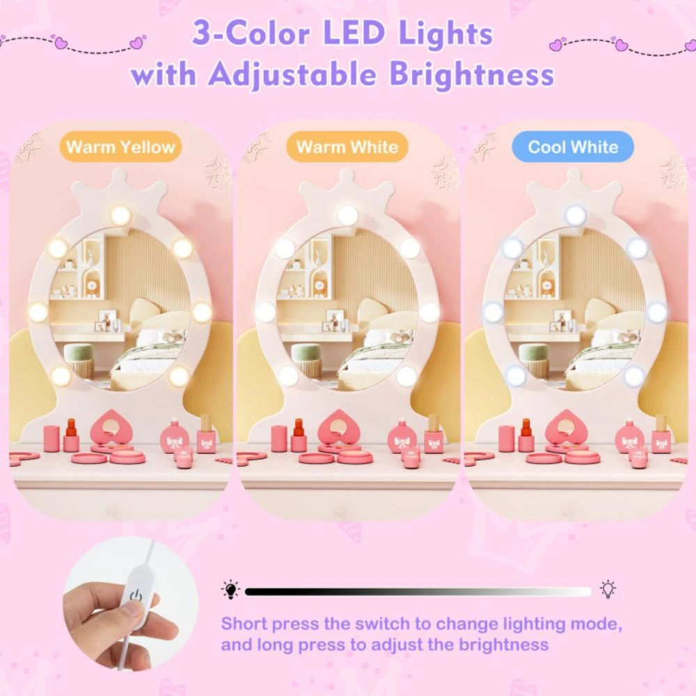 商品Hivvago|Kids Vanity Set with Lighted Mirror with Adjustable Brightness and Large Drawer-White,价格¥1664,第3张图片详细描述