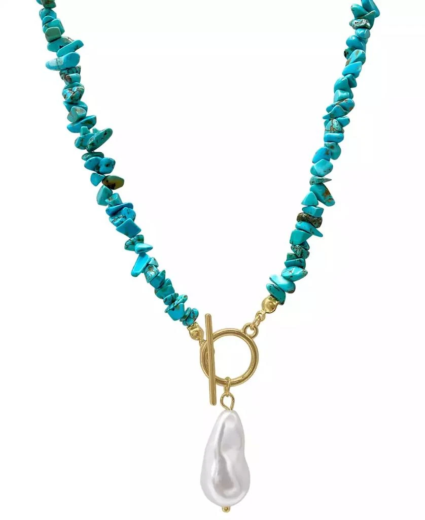 商品ADORNIA|17" Multi Shape Faux Turquoise Stone Toggle 14K Gold Plated Necklace with Imitation Pearl Pendant,价格¥227,第1张图片