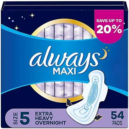 商品Always|Always Maxi Extra Heavy Overnight Pads with Flex-Wings, Unscented, Size 5, 54 ct.,价格¥93,第1张图片