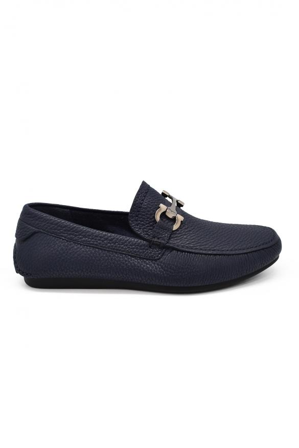 Men Shoes   Salvatore Ferragamo Gancini Loafers In Blue Leather商品第1张图片规格展示