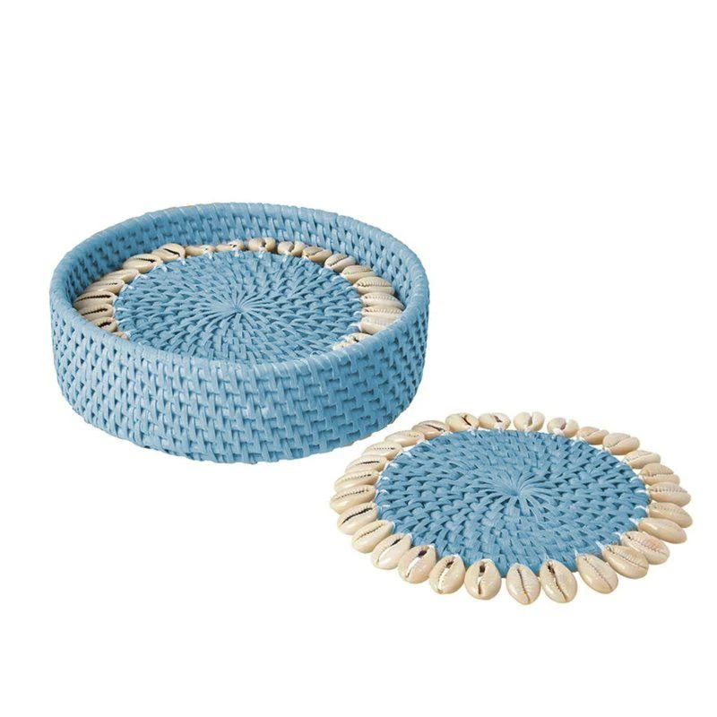 商品BEACH HAUS|Sky Blue Rattan Coaster with Cowrie Shell,价格¥583,第1张图片