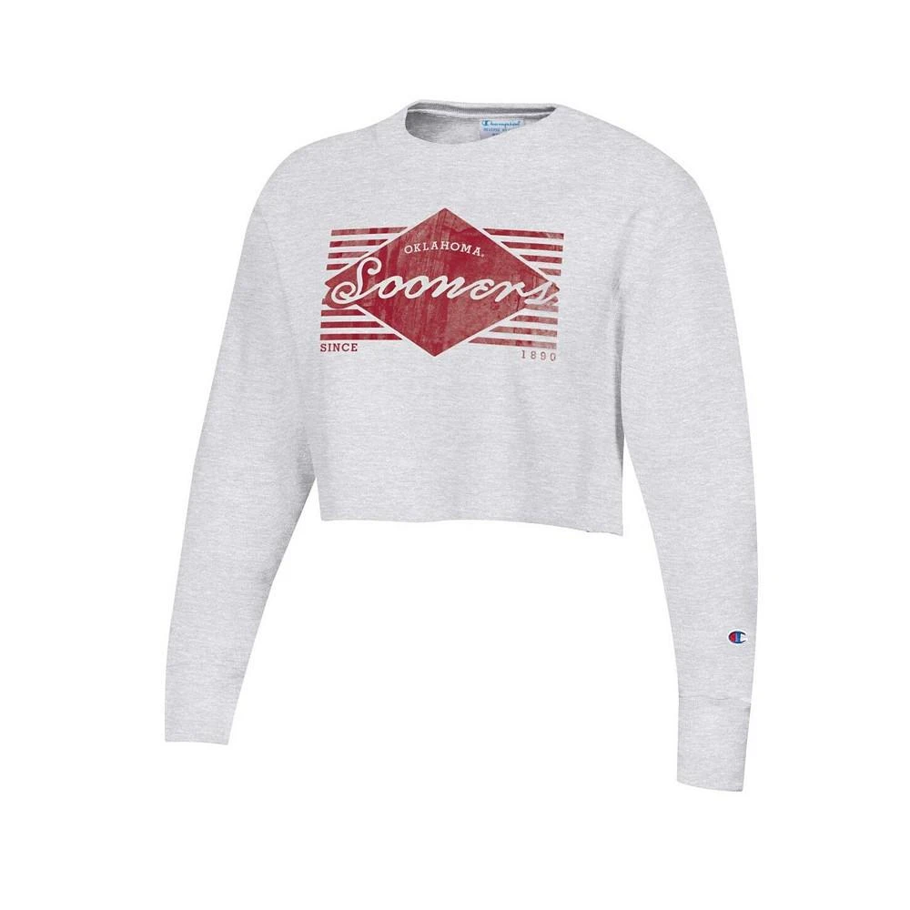 商品CHAMPION|Women's Heather Gray Distressed Oklahoma Sooners Reverse Weave Cropped Pullover Sweatshirt,价格¥383,第3张图片详细描述