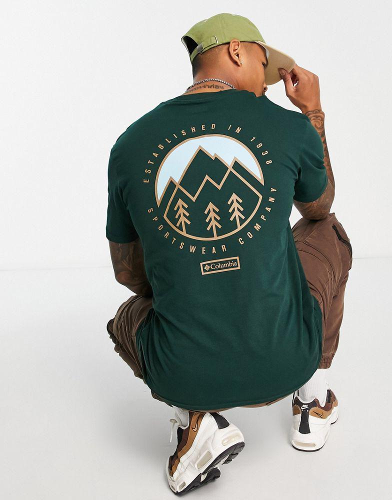 商品Columbia|Columbia Tillamook back print t-shirt in spruce green Exclusive at ASOS,价格¥182,第1张图片