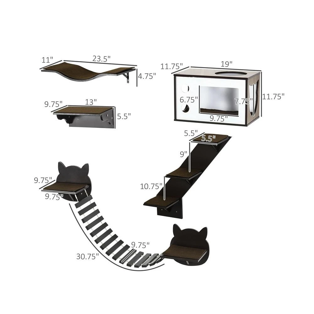 商品PawHut|Cat Shelves with Ergonomically Curved Platform, Cozy Cat House, Bridge, Easy Stairs, and Flat Perch, Wall-Mounted Cat Tree Climbing Playground, Modern Cat Tree, Coffee Brown,价格¥1008,第2张图片详细描述