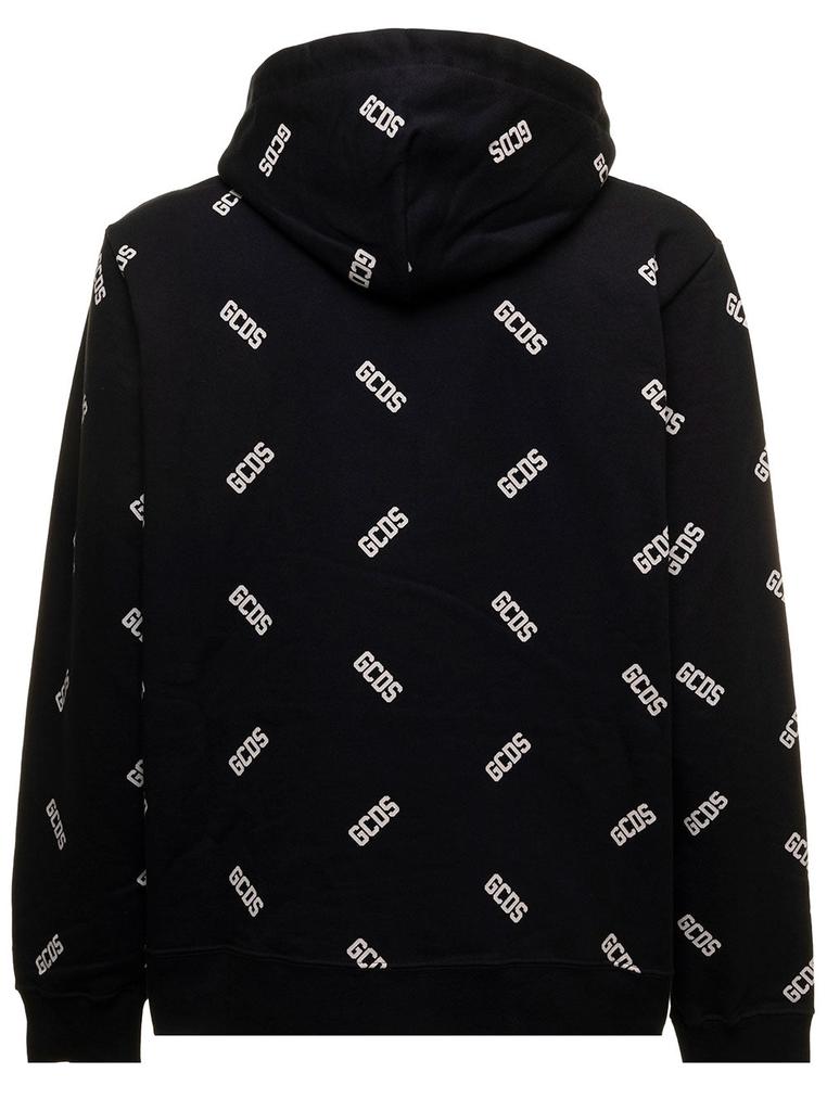 Black Fleece Cotton Hoodie with Allover Contrasting Logo Pattern GCDS Man商品第2张图片规格展示