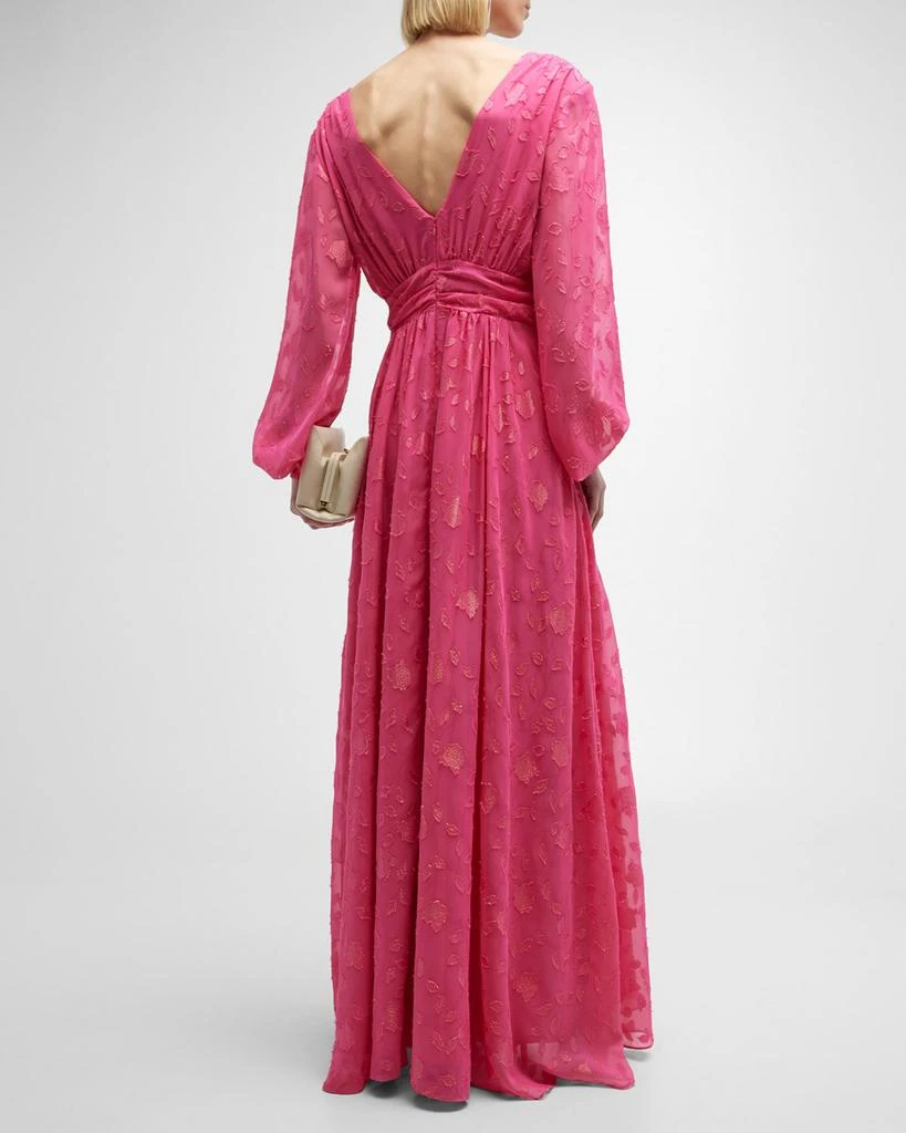 Deep V-Neck Balloon-Sleeve Floral Burnout Gown 商品