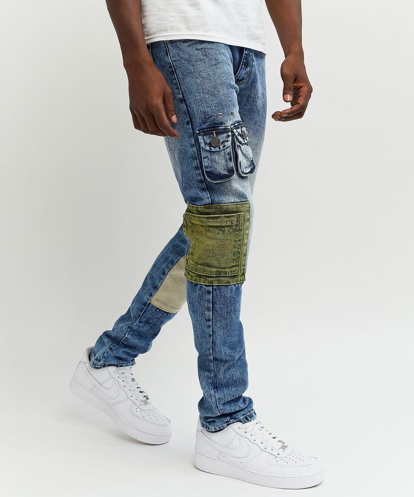 Punk Medium Washed Patched Denim Cargo Jeans商品第5张图片规格展示