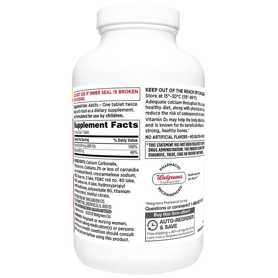 商品Walgreens|Calcium Carbonate 600mg + Vitamin D3 800IU,价格¥141,第2张图片详细描述