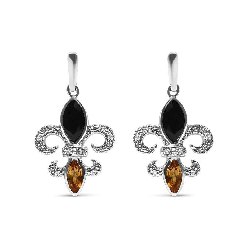 商品Haus of Brilliance|.925 Sterling Silver Marquise Cut Onyx And Citrine With Diamond Accent Fleur De Lis Drop Stud Earrings (H-I Color, SI1-SI2 Clarity),价格¥3910,第1张图片