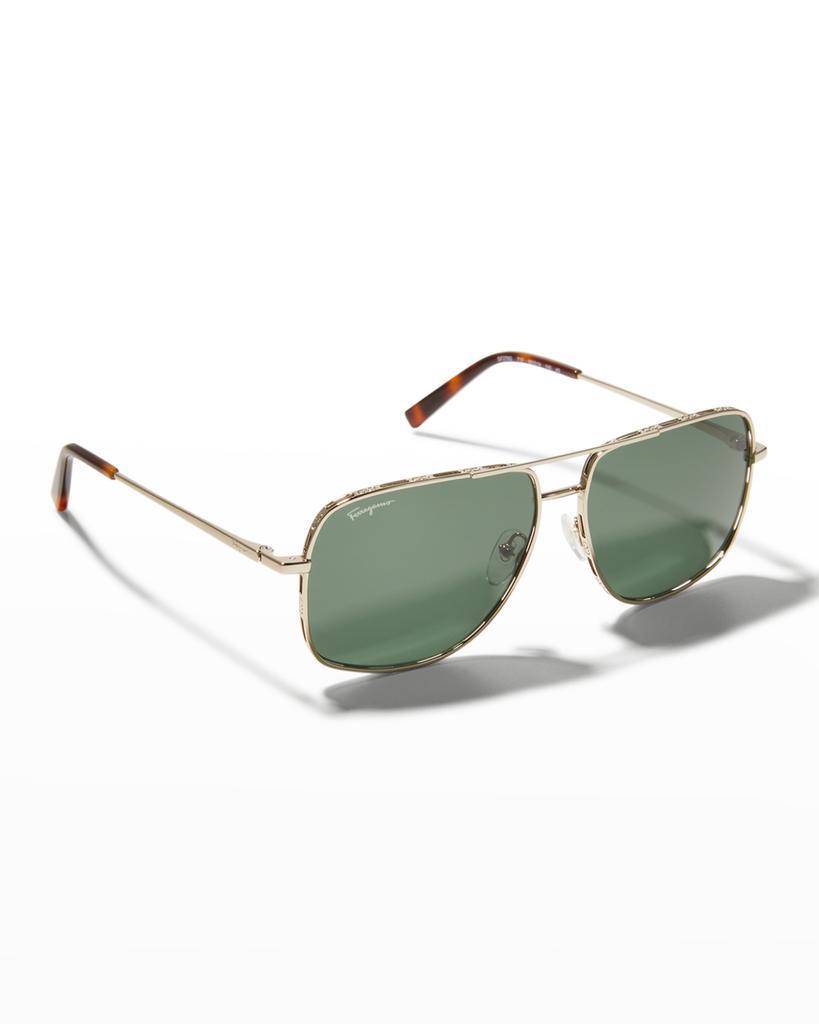 商品Salvatore Ferragamo|Men's Metal Gancini Rim Navigator Aviator Sunglasses,价格¥2728,第1张图片
