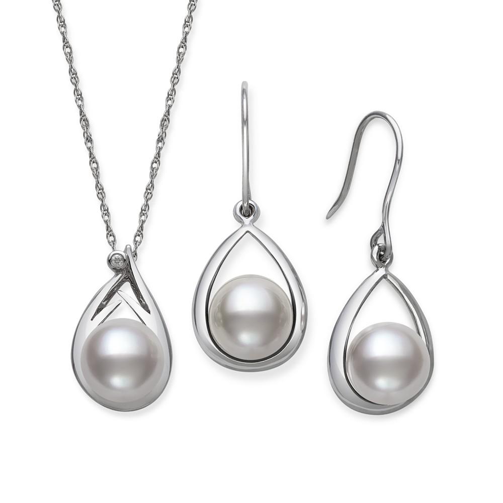 Cultured Freshwater Pearl (8-10 mm) and Diamond Accent Earring and Pendant Set in Sterling Silver商品第1张图片规格展示