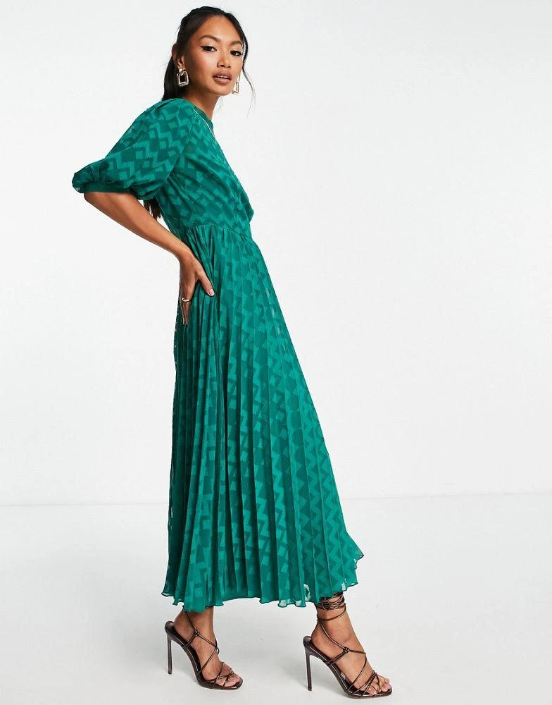 商品ASOS|ASOS DESIGN high neck pleated chevron dobby midi dress with puff sleeve in forest green,价格¥227,第1张图片