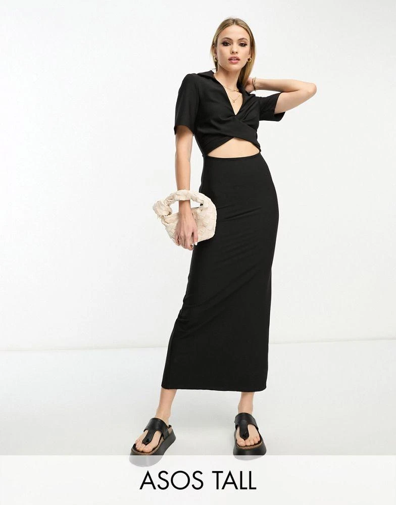 商品ASOS|ASOS DESIGN Tall collar twist front midi dress with cut out in black,价格¥103,第1张图片