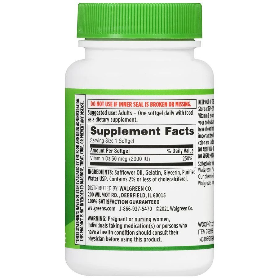 商品Walgreens|Vitamin D3 50 mcg Softgels (220 days),价格¥151,第4张图片详细描述