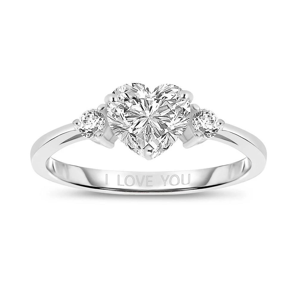 商品Genevive|Sterling Silver  White Gold  Plated Heart and Round Clear Cubic Zirconia's Three-Stone "I Love You" Ring,价格¥538,第1张图片
