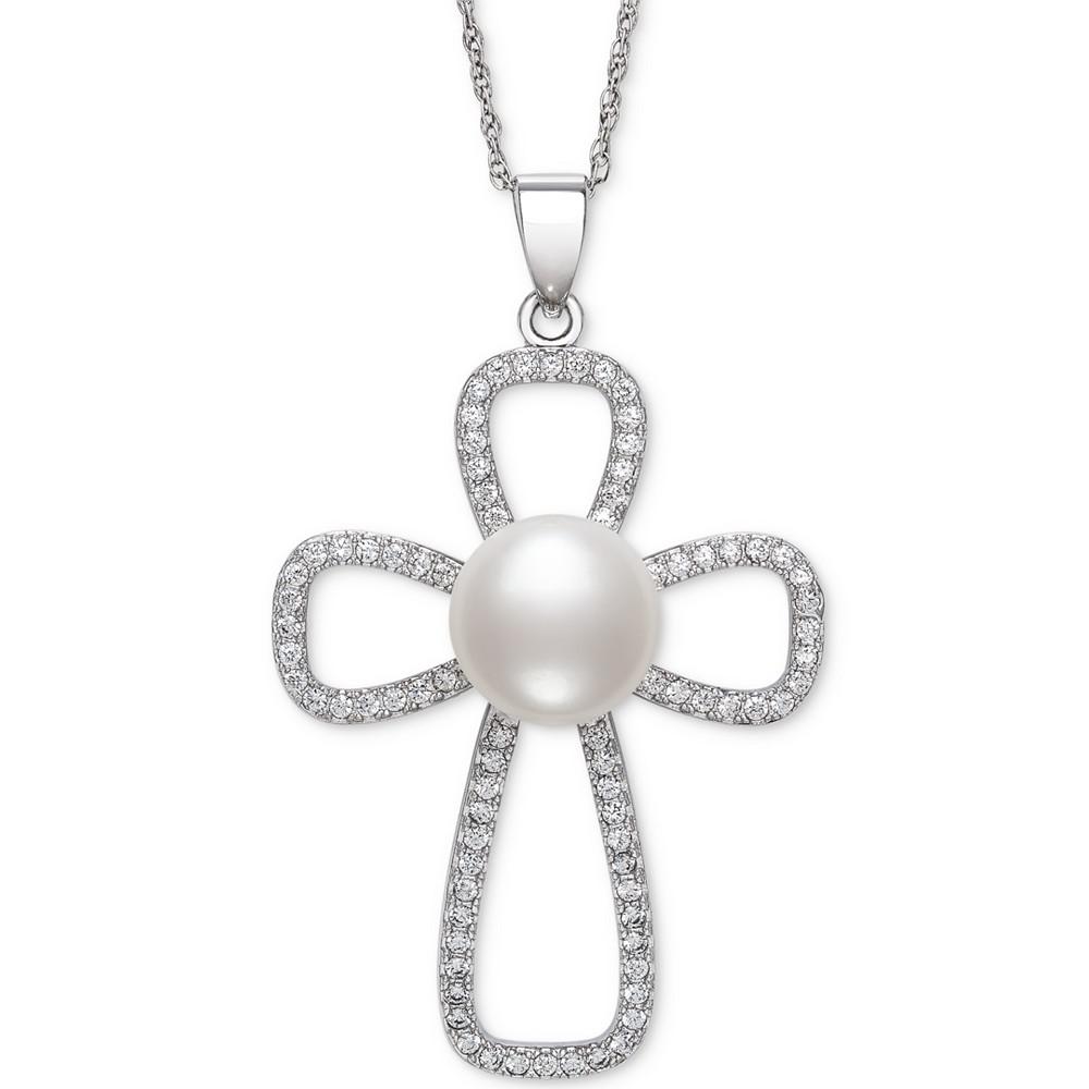 Cultured Freshwater Button Pearl (10mm) & Cubic Zirconia Cross 18" Pendant Necklace in Sterling Silver商品第1张图片规格展示