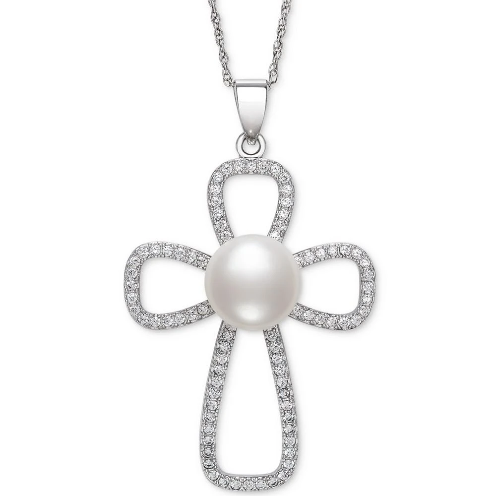 商品Belle de Mer|Cultured Freshwater Button Pearl (10mm) & Cubic Zirconia Cross 18" Pendant Necklace in Sterling Silver,价格¥596,第1张图片