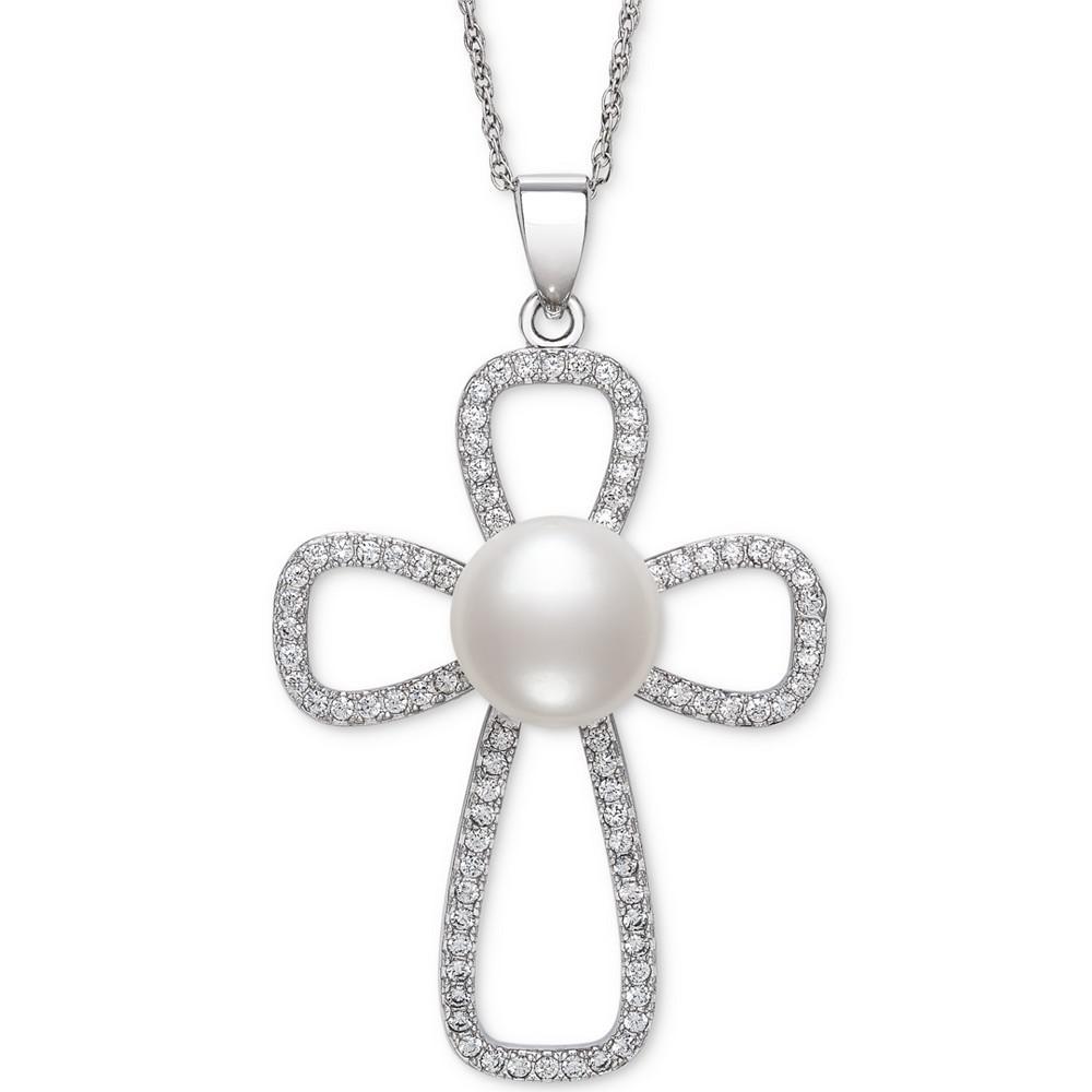 商品Belle de Mer|Cultured Freshwater Button Pearl (10mm) & Cubic Zirconia Cross 18" Pendant Necklace in Sterling Silver,价格¥413,第1张图片