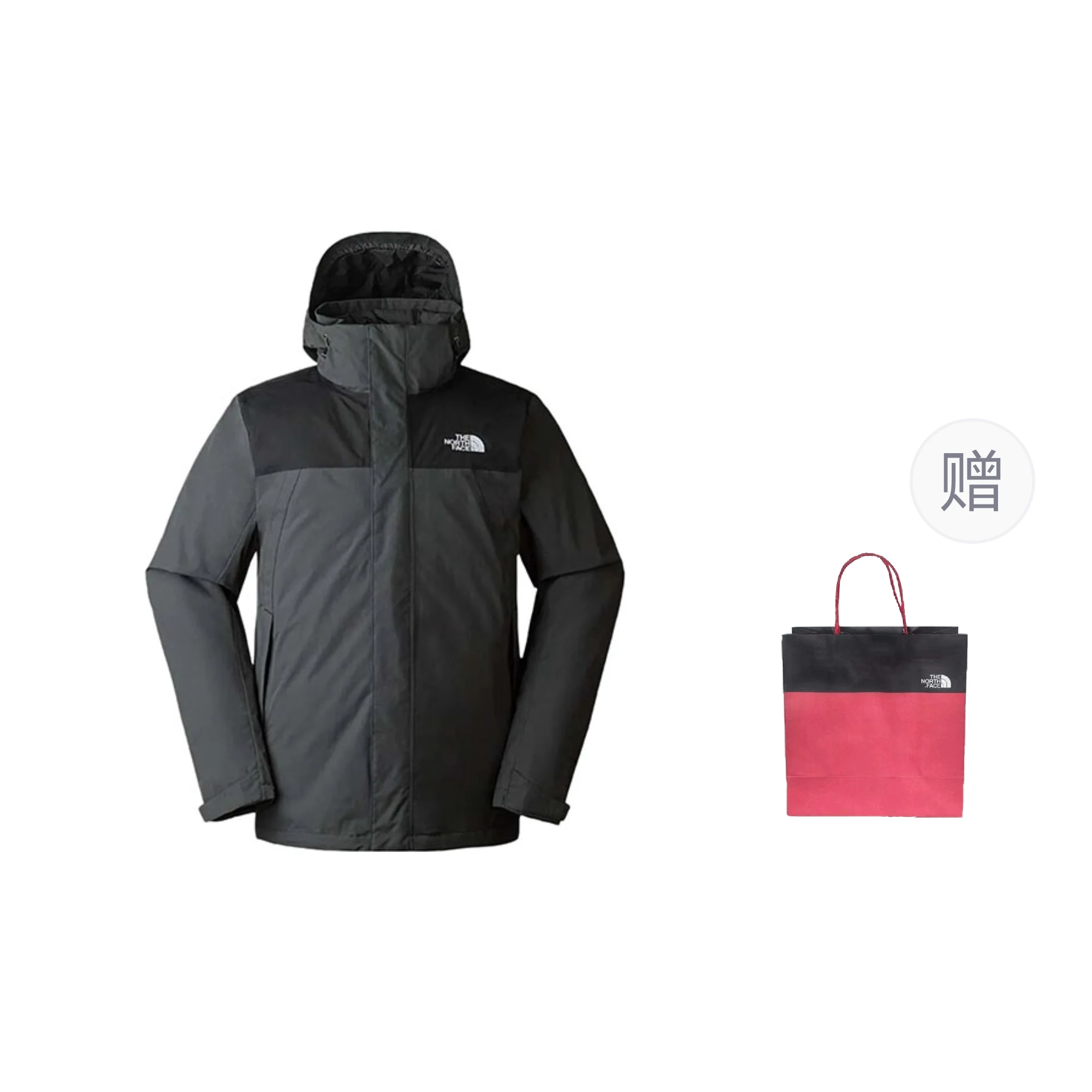 商品[国内直发] The North Face|北面  户外休闲运动连帽拉链长袖羽绒内胆三合一  防水耐磨冲锋衣 男款 深灰色,价格¥1843,第1张图片