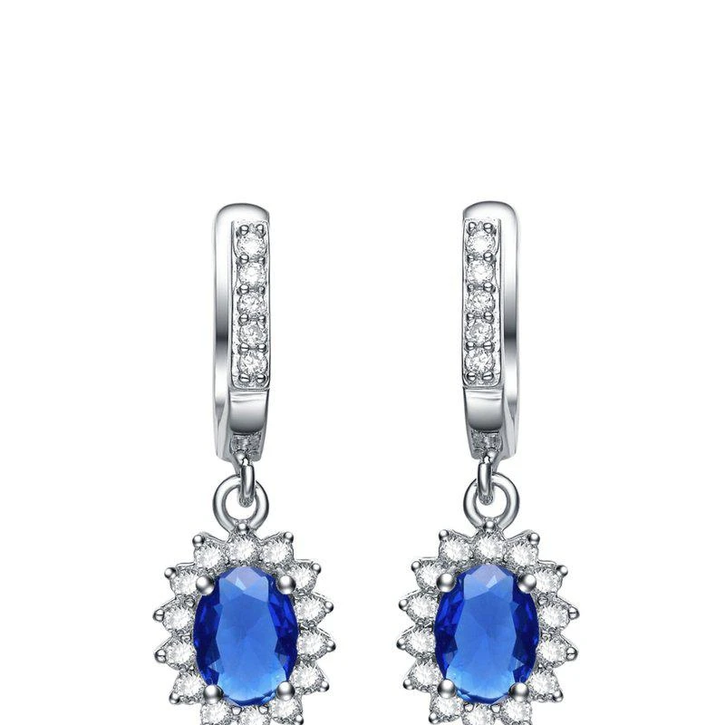 商品Genevive|Sterling Silver White Gold Plated With Colored Cubic Zirconia Flower Shaped Dangling Earrings 23MM,价格¥2111,第1张图片