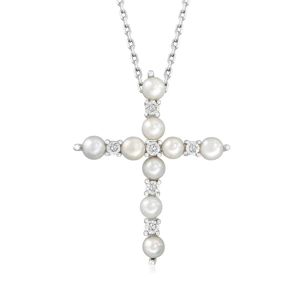 商品Ross-Simons|Ross-Simons 3mm Cultured Pearl Cross Pendant Necklace With Diamond Accents in Sterling Silver,价格¥901,第1张图片