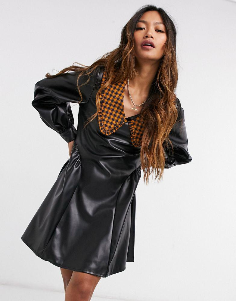 ASOS DESIGN check collar leather look mini dress in black商品第4张图片规格展示