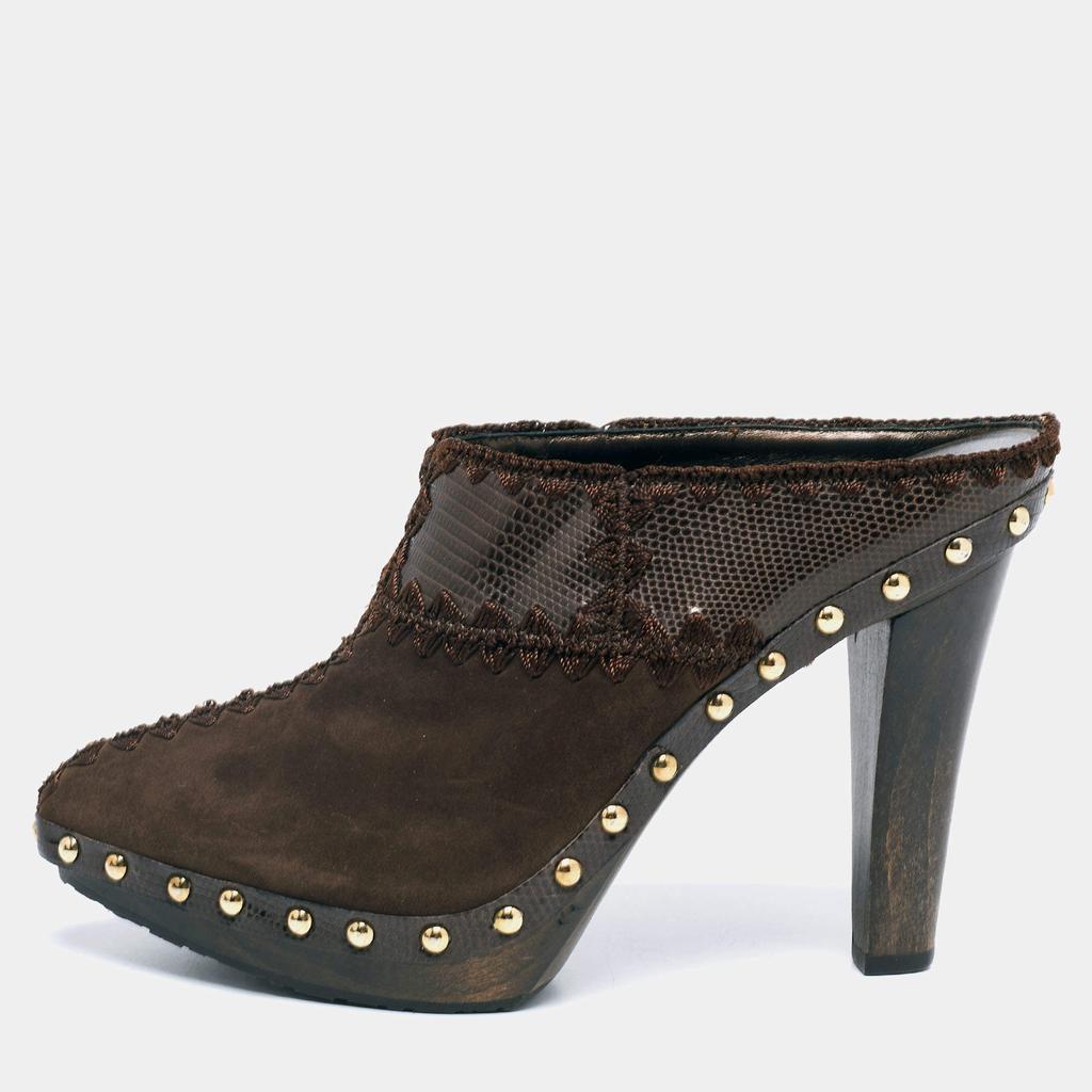 商品[二手商品] Sergio Rossi|Sergio Rossi Brown Lizard Embossed Leather and Suede Studded Platform Mules Size 38,价格¥1421,第1张图片