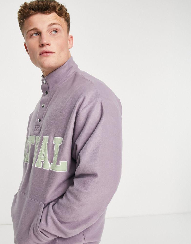 商品ASOS|ASOS Actual oversized button up funnel neck sweatshirt in polar fleece with logo applique in purple,价格¥128,第4张图片详细描述