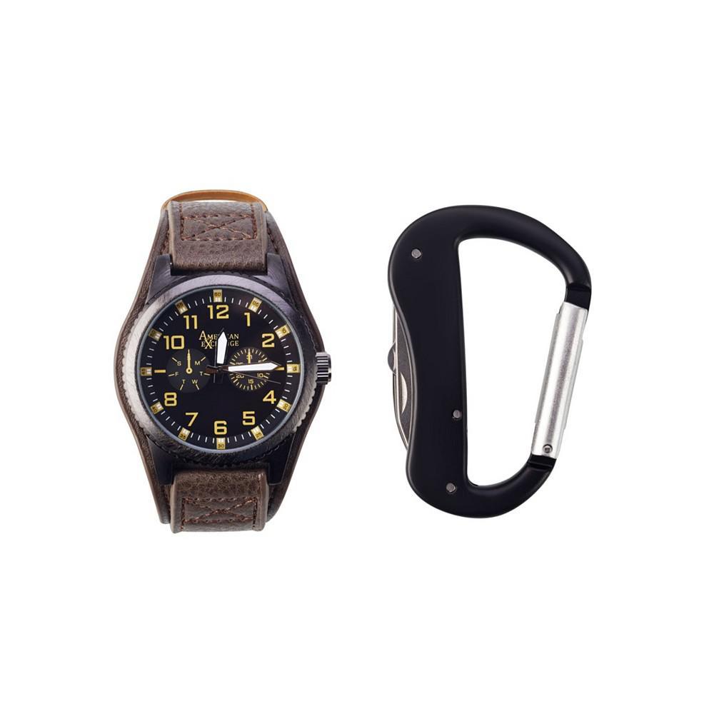 商品American Exchange|Men's Quartz Movement Black Leather Strap Analog Watch, 44mm and Carabiner Tool with Zippered Travel Pouch,价格¥295,第1张图片