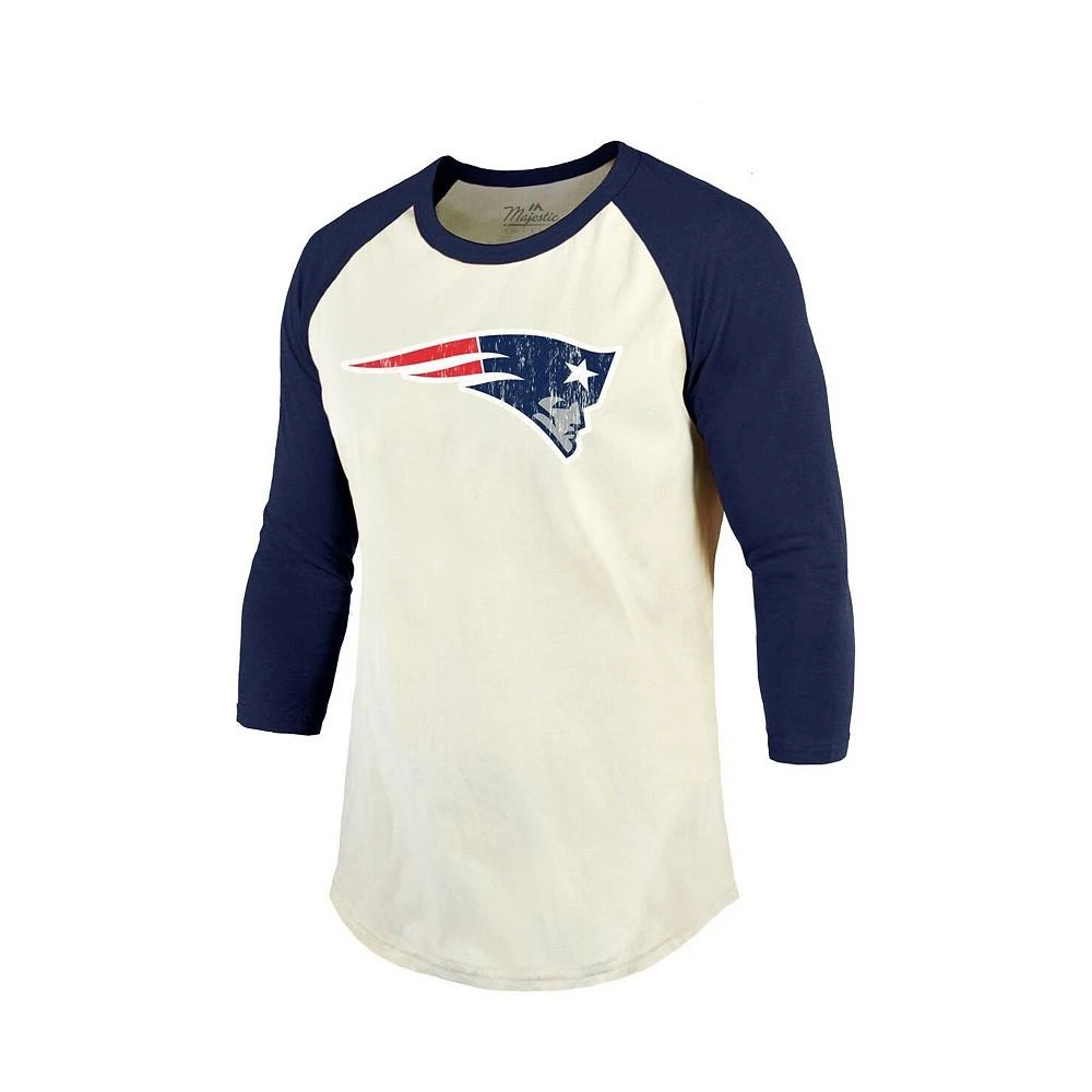 商品Majestic|Men's Threads Mac Jones Cream, Navy New England Patriots Player Name and Number Raglan 3/4-Sleeve T-shirt,价格¥374,第2张图片详细描述