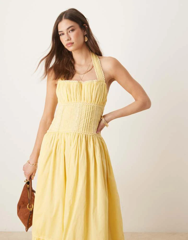 商品ASOS|ASOS DESIGN halter neck lace prairie dress with pintucks in lemon,价格¥399,第4张图片详细描述