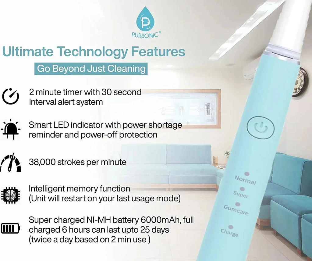 商品PURSONIC|Pursonic Whitening USB Rechargeable Sonic Toothbrush-12 Brush Heads,价格¥237,第2张图片详细描述