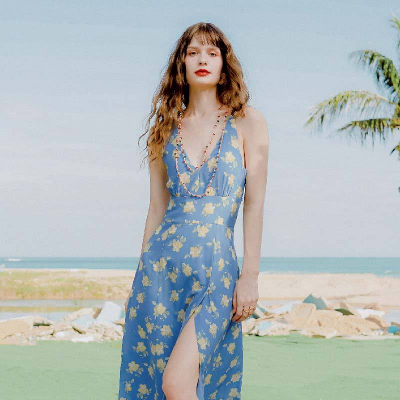 商品[国内直发] Petite Studio NYC|Frida蓝色洋牡丹侧开衩后背环扣设计法式连衣裙 | Frida Dress - Blue Floral ,价格¥1251,第1张图片