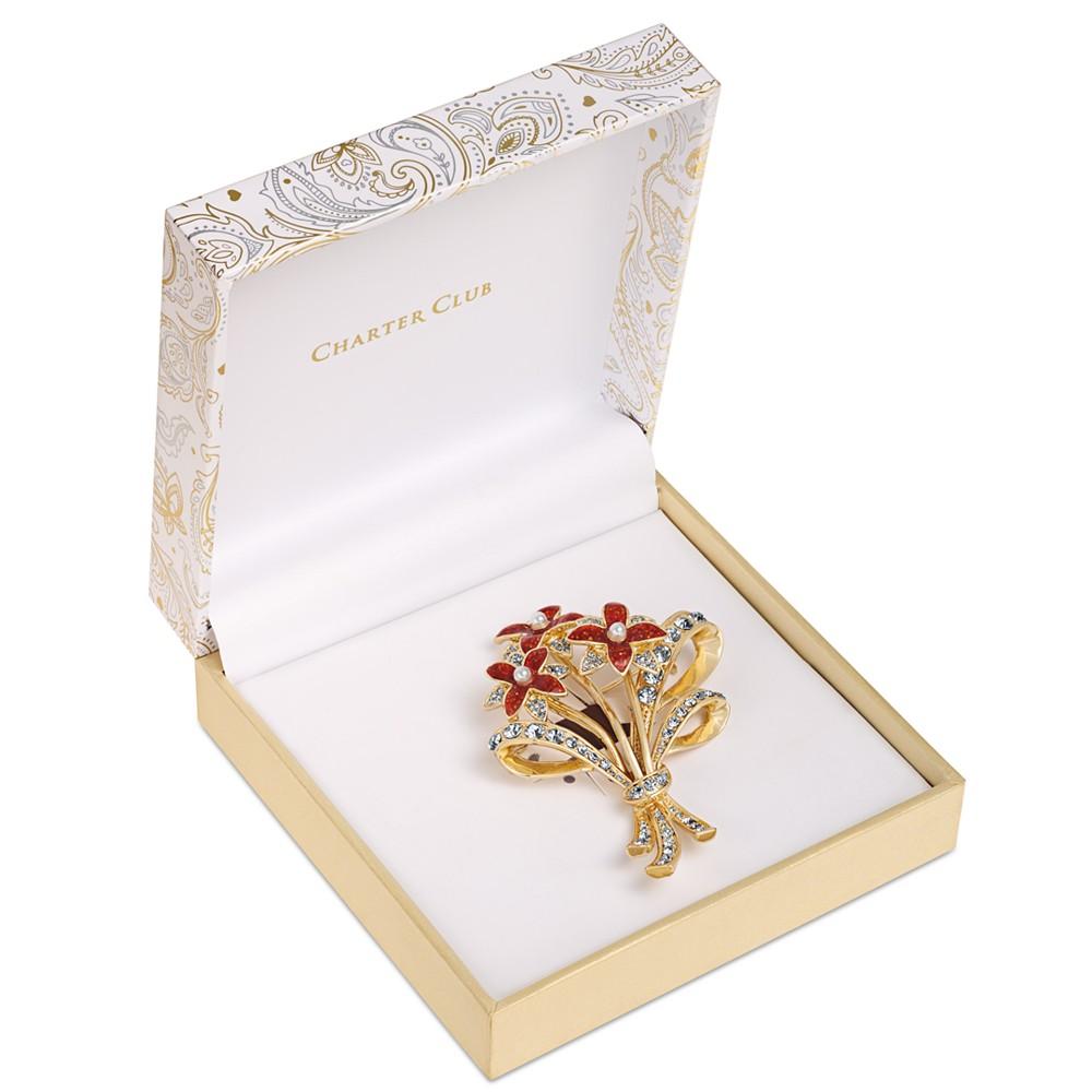 Gold-Tone Crystal & Imitation Pearl Flower Bouquet Pin, Created for Macy's商品第2张图片规格展示