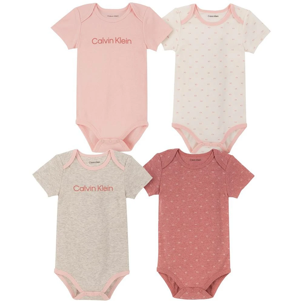商品Calvin Klein|Baby Girls Logo Printed Short Sleeve Bodysuits, Pack of 4,价格¥102,第1张图片