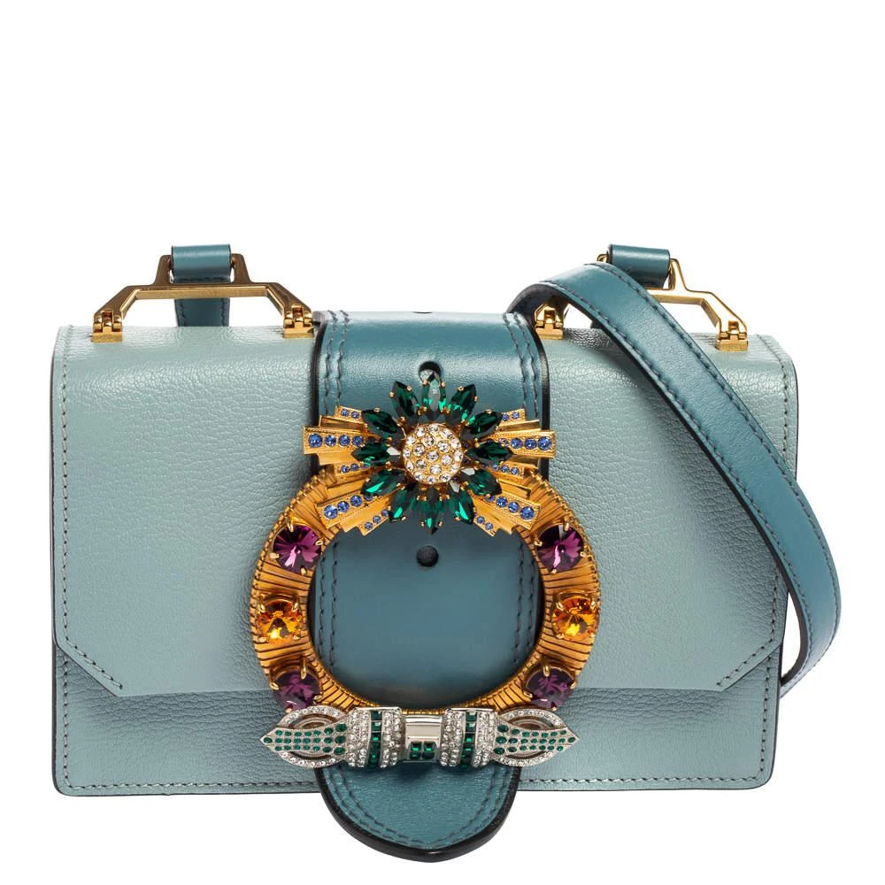 商品[二手商品] Miu Miu|Miu Miu Two Tone Blue Madras Leather Crystal Embellished Buckle Flap Shoulder Bag,价格¥5992,第1张图片